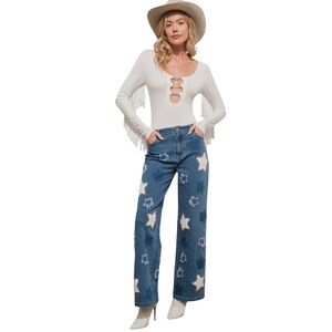 NEW blue b Medium Wash Washed Star Print Studded Mid Rise Stretch Denim Jeans